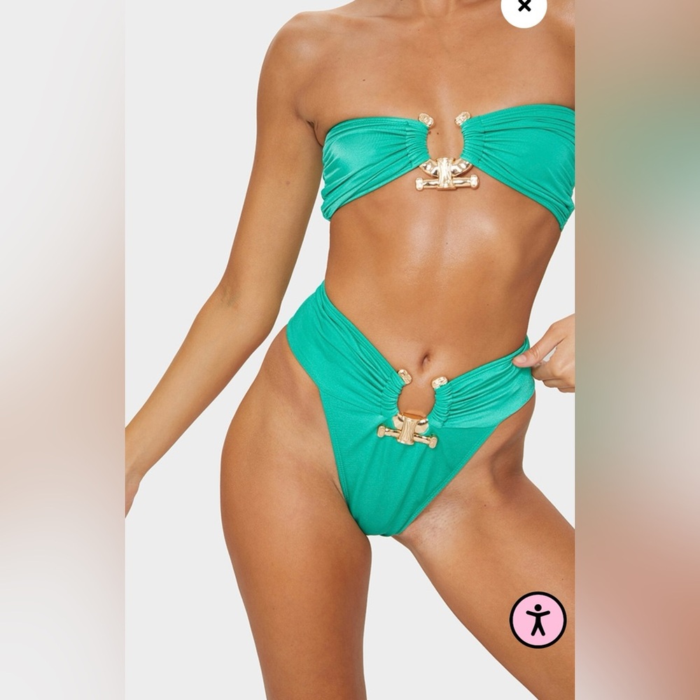 PrettyLittleThing | GREEN HAMMERED TRIM HIGH WAIST BIKINI BOTTOMS NWT US 14 - Picture 8 of 13